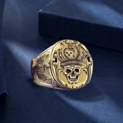 New Fashion Domineering Men's 18K Gold Ring Natural Sapphire Men's Diamond Ring Hand-carved Gold Skull Sea Monster Male Ring Men's Birthday Gift Party Jewelry Size 5-14