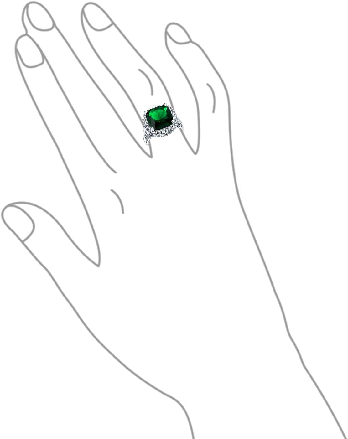 Big Solitaire AAA Cubic Zirconia Pave CZ 5-7CTW Cushion Emerald Cut Simulated Ruby Red Green Vintage Art Deco Style Halo Cocktail Statement Ring for Women Silver Plated Customizable