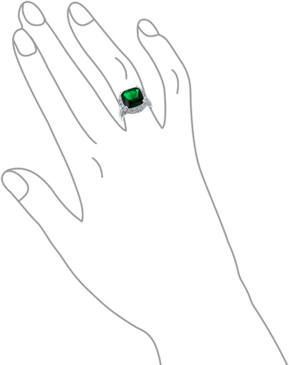 Big Solitaire AAA Cubic Zirconia Pave CZ 5-7CTW Cushion Emerald Cut Simulated Ruby Red Green Vintage Art Deco Style Halo Cocktail Statement Ring for Women Silver Plated Customizable