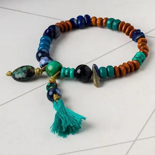 Ethnic Bohemian Tassel Handmade Beaded Bracelet Vintage Natural Gemstone Lapis & Turquoise & Obsidian & Wooden Bead Bangle Bracelets for Women and Men Couple Exquisite Wedding Engagement Christmas Jewelry Gift