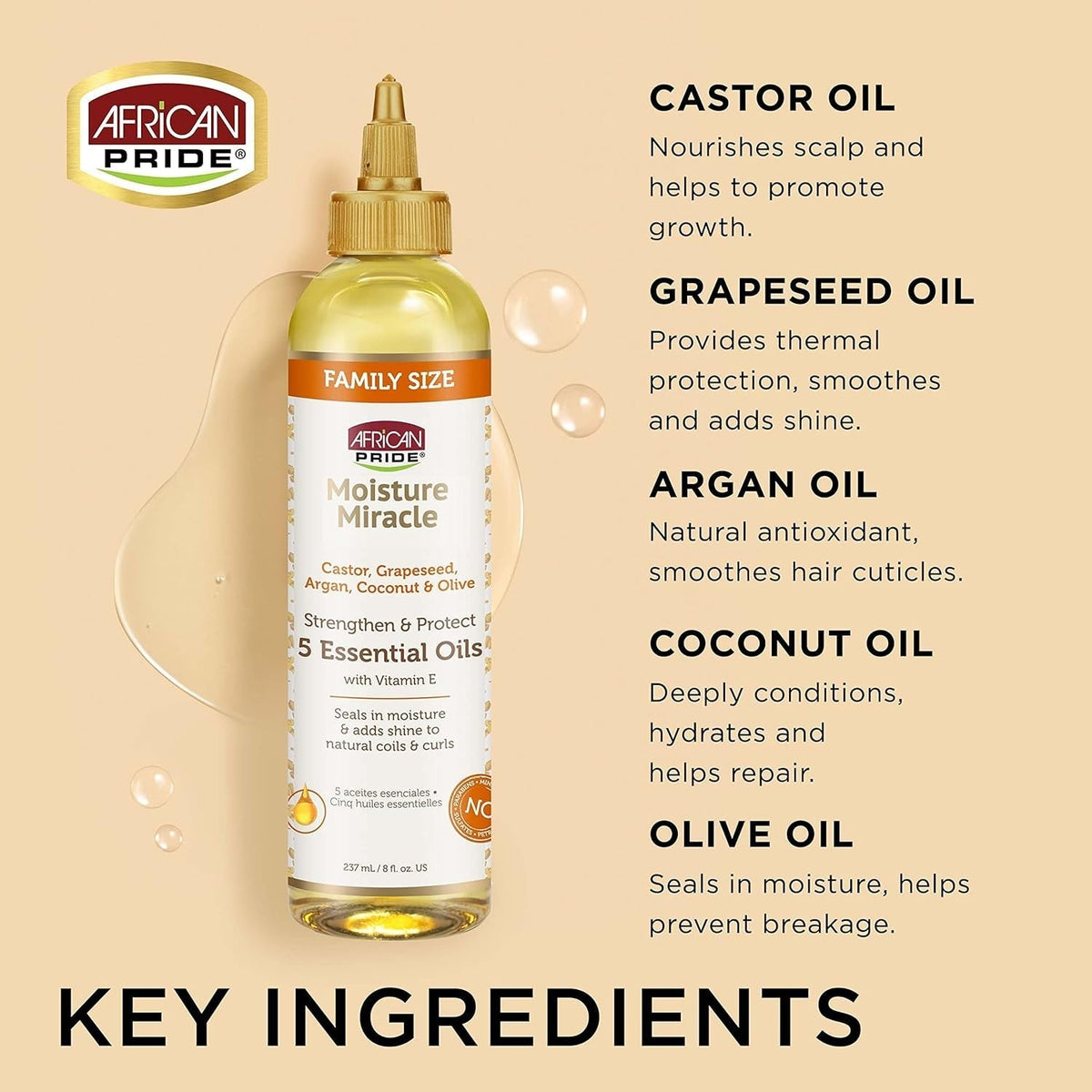 Moisture Miracle 5 Essential Hair Oils - Contains Castor, Grapeseed, Argan, Coconut & Olive Oil, Seals in Moisture & Adds Shine to Hair, Vitamin E, 8 Oz