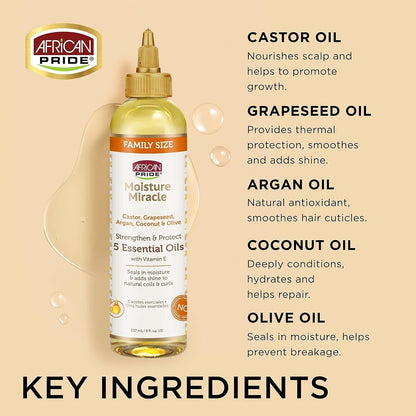 Moisture Miracle 5 Essential Hair Oils - Contains Castor, Grapeseed, Argan, Coconut & Olive Oil, Seals in Moisture & Adds Shine to Hair, Vitamin E, 8 Oz