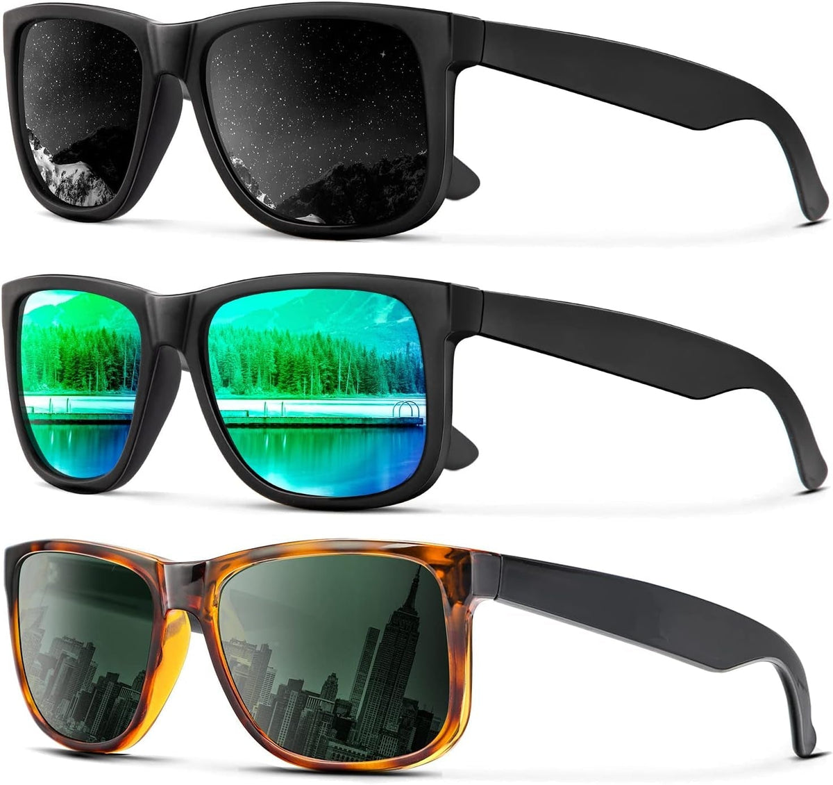 Sunglasses Men Polarized Sun glasses for Mens Womens Classic Matte Black Frame UV Protection 3pack