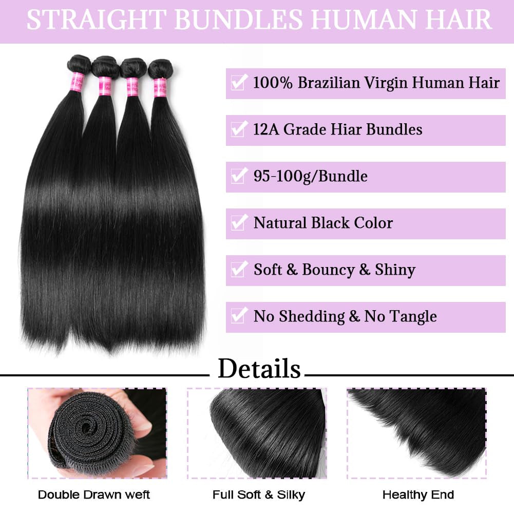 Straight Bundles Human Hair 18 20 22 Inch 100% Unprocessed Brazilian Virgin Straight Human Hair Bundles 12A Natural Black Remy Hair Extensions for Women