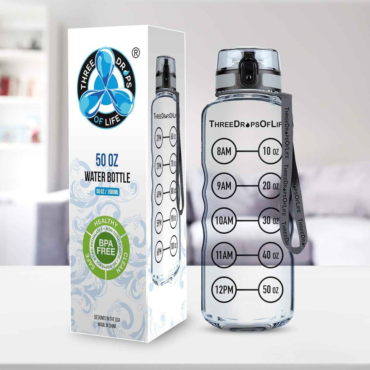 50Oz Sport Water Bottle - Best for High Capacity Hydration - Clear Tritan Plastic, BPA Free, Flip Top, Leak Proof Lid, Re-Design Lid, New Strainer, Strong Reusable 50 Oz Clear Sports Water Bottle