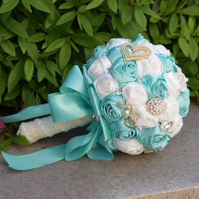 21CM Satin Ribbon Roses Wedding Bouquet Pearl Crystal Brooch Bride Holding Flowers Artificial Rose Wedding Flower Bridesmaid Bouquet. Multi-color Optional