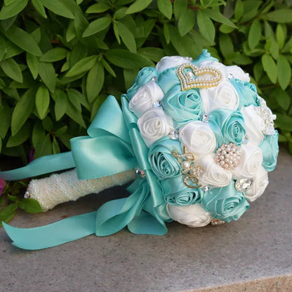 21CM Satin Ribbon Roses Wedding Bouquet Pearl Crystal Brooch Bride Holding Flowers Artificial Rose Wedding Flower Bridesmaid Bouquet. Multi-color Optional