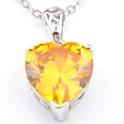 Excellent Shine Heart Fire Royal Citrine Yellow Cubic Zirconia Gems Silver Pendant Necklace