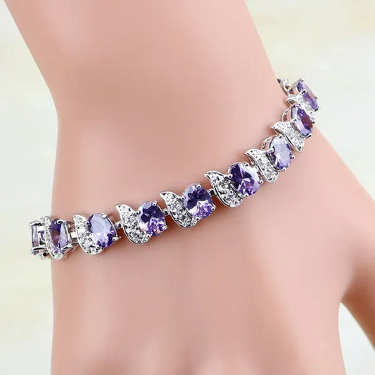 925 Silver Jewelry Purple Amethyst White CZ Charm Bracelets For Women