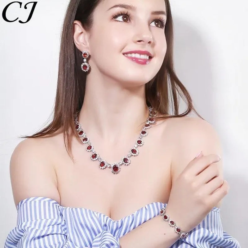 CANDICE Elegant Red Wedding Jewelry Set Micro CZ Stone Paved Oval Crystal Drop Earrings Bracelet And Necklace Sets For Bride