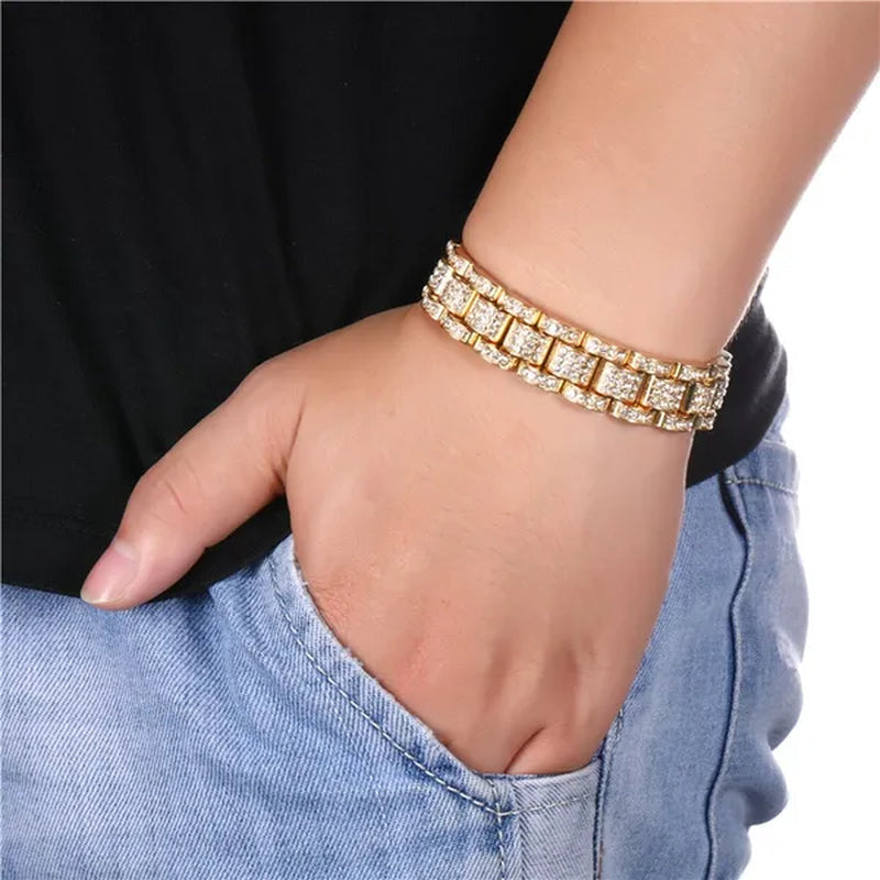 Fashion Men 24K Gold / 925 Silver Plated Solid Stainless Steel Bracelet Iced DIAMOND Link Chain Bracelet 8.26 Inch