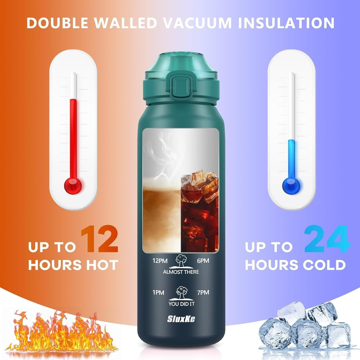 Insulated Water Bottle 32Oz with 2Lids,18/10 Stainless Steel 1000Ml Insulated Water Bottle Double Walled with Handle, Metal Canteen Keep Cold 48H Hot 24H for Men, Women & Kids