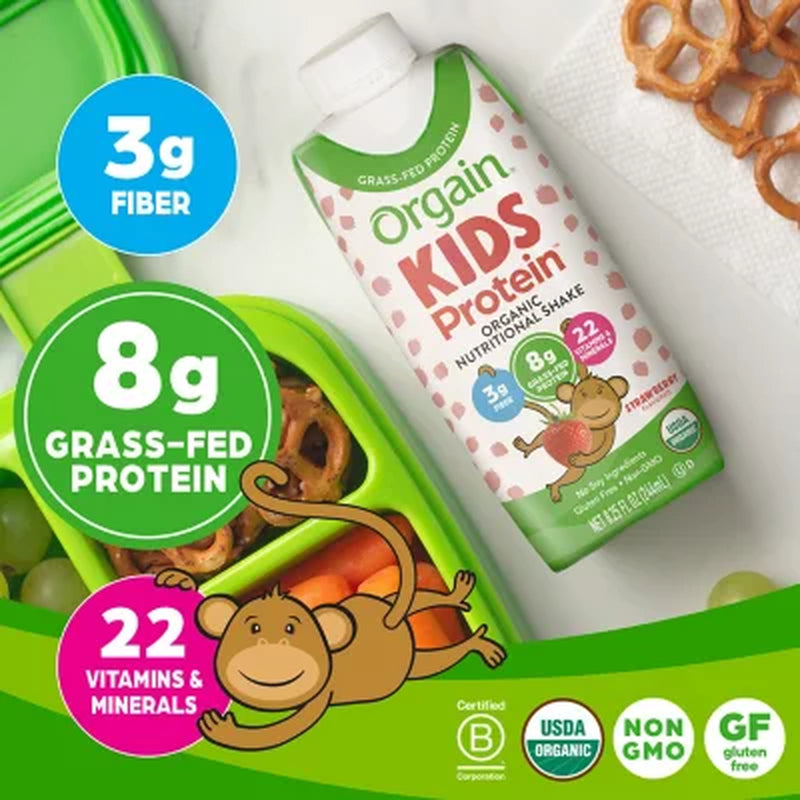 Orgain Kids 8G Grass-Fed Protein Organic Nutritional Shake, Strawberry 8.25 Fl. Oz., 12 Pk.