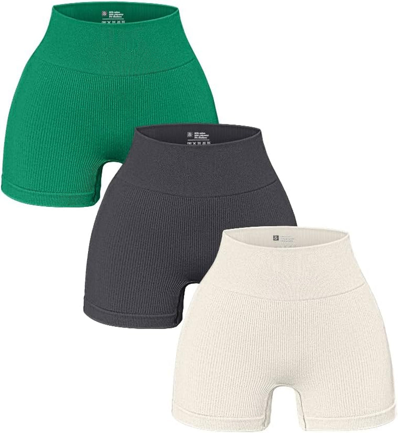 Women'S 3 Piece Yoga Ribbed Seamless Workout High Waist Athletic Legging Shorts