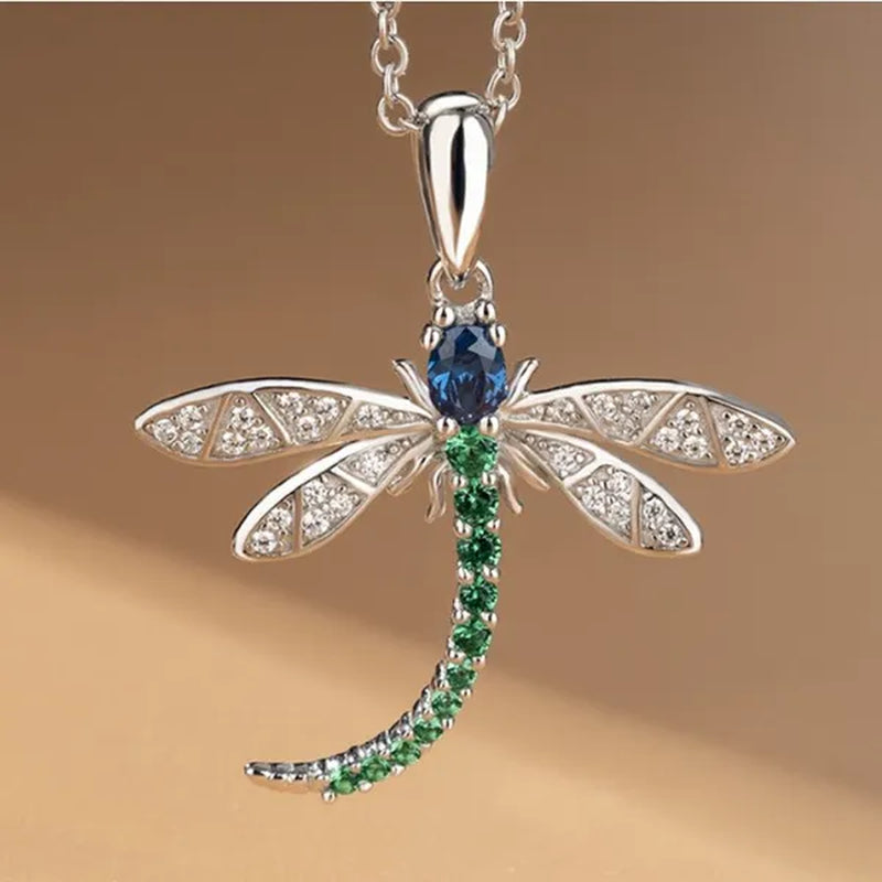 Personality Fashion Micro Pave Diamond Gemstone Insect Dragonfly Pendant Necklace for Women Daily Casual Cute Accessories