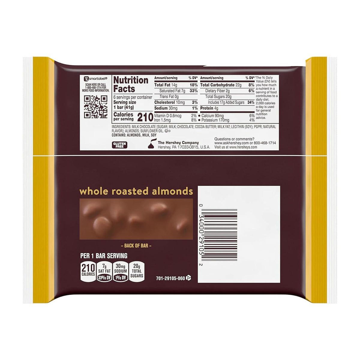 Milk Chocolate with Whole Almonds Candy Bars, 1.45 Oz (6 Count)
