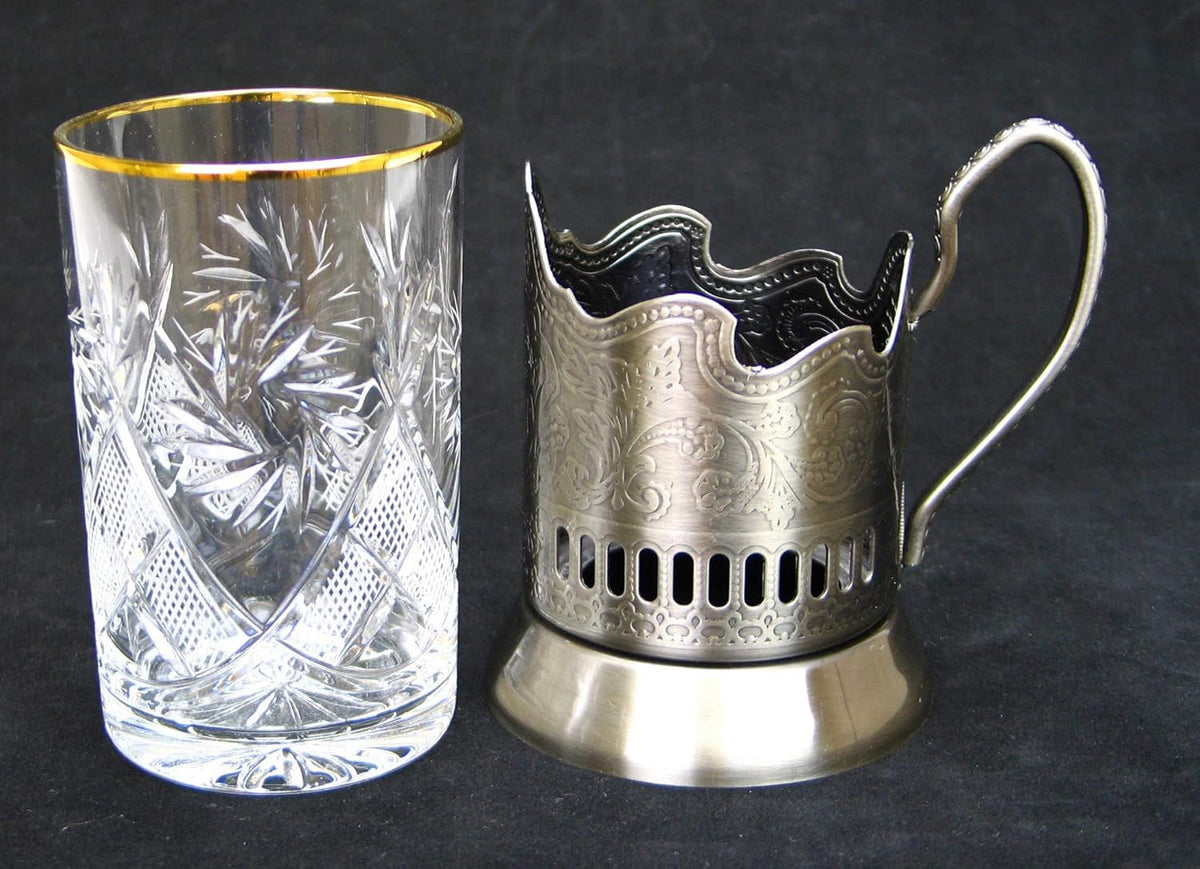 12-Pc Russian Tea Set, 24 Karat Gold Banded Tempered Crystal Glasses W/Metal Glass Holders Podstakannik Vintage Design