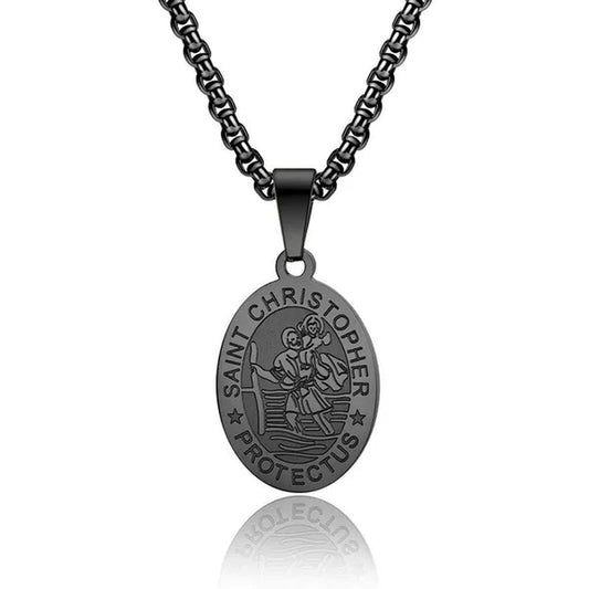 Oval St Christopher Medal Necklace Stainless Steel Saint Christopher Protect Us Pendant Catholic Patron Religious Amulet Jewelry Silver / Black / Silver