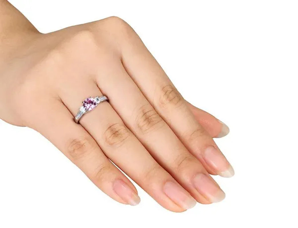 Created Pink and White Sapphire Three Stone Ring with Diamonds 1.40 Carat (ctw) in 10k White Gold