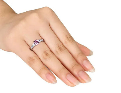 Created Pink and White Sapphire Three Stone Ring with Diamonds 1.40 Carat (ctw) in 10k White Gold