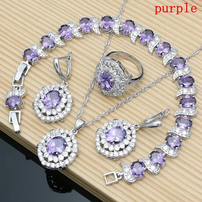 Oval 925 Silver Party Jewelry Sets blue sapphire White CZ Earrings Pendant Necklace Rings Bracelet Gift For Women