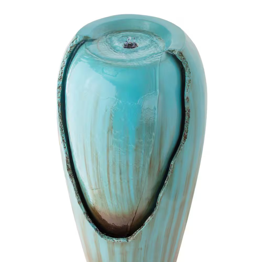 33 In. Tall Water Jar Fountain with LED Light, Turquoise