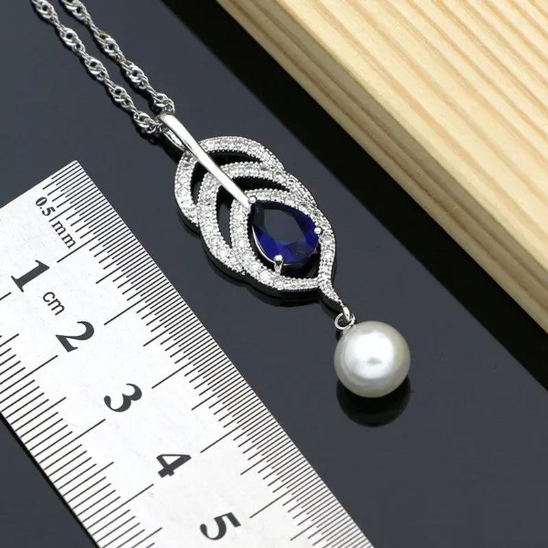 Freshwater Pearls Silver 925 Bridal Jewelry Sets Blue sapphire Beads Women Wedding Earrings/Pendant/Necklace/Ring/Bracelet