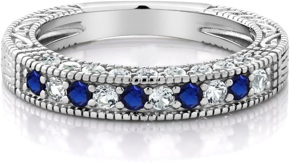 925 Sterling Silver Blue and White Created Sapphire Ring | Wedding Band Ring for Women | 1.00 Cttw | Available in Size 5, 6, 7, 8, 9