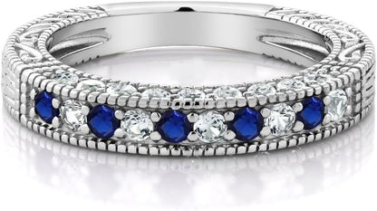 925 Sterling Silver Blue and White Created Sapphire Ring | Wedding Band Ring for Women | 1.00 Cttw | Available in Size 5, 6, 7, 8, 9