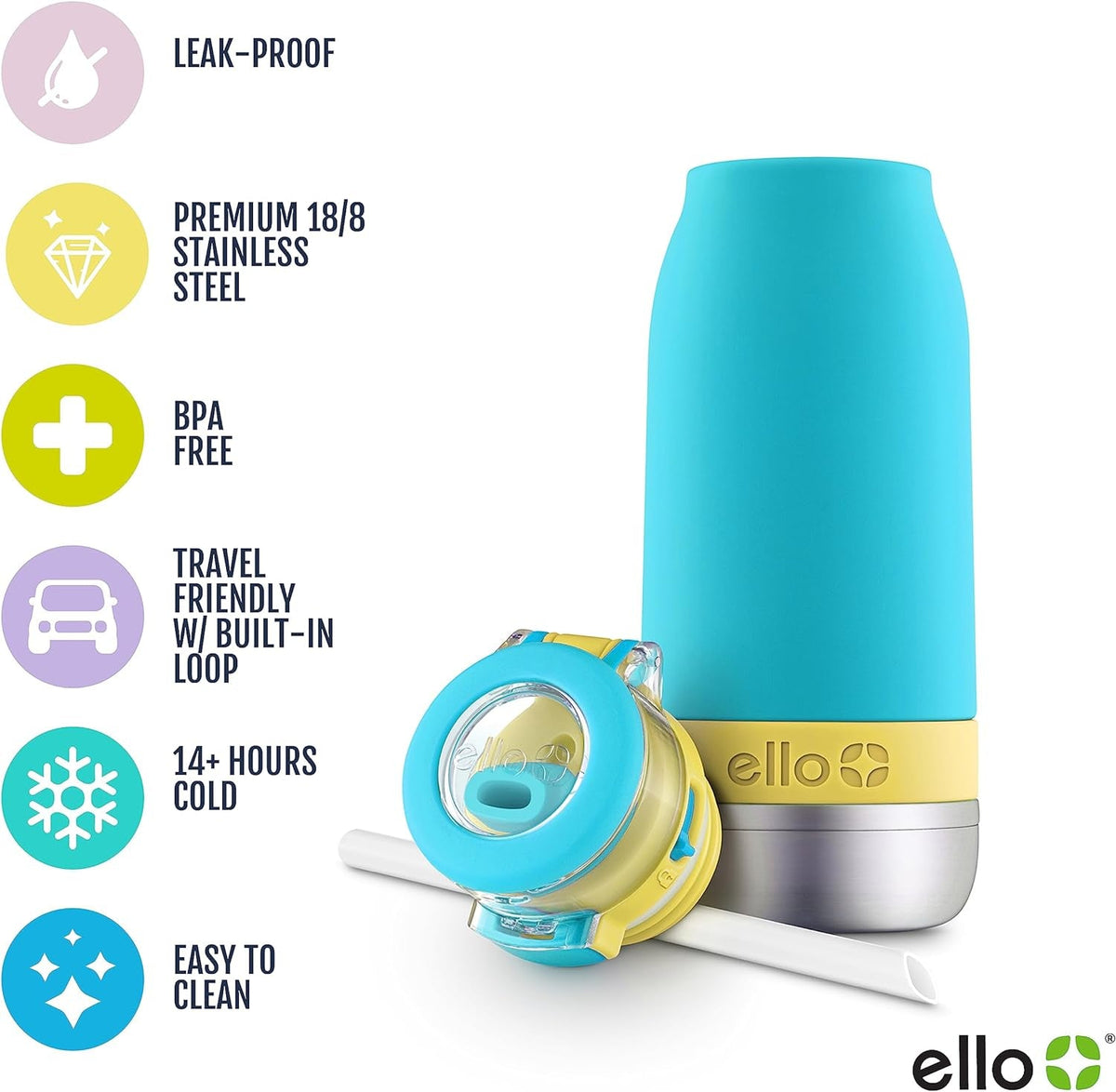 Emma 14Oz Vacuum Insulated Stainless Steel Kids Water Bottle with Straw and Built-In Carrying Handle and Leak-Proof Locking Lid for School Backpack, Lunchbox and Outdoor Sports