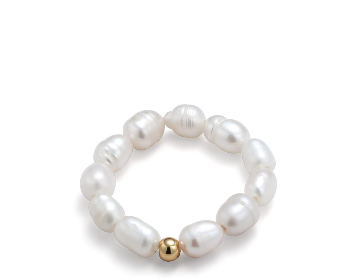 Stretch Freshwater Pearl Rings with 14K Gold Plated Beaded Adjustable Stackable Rings Holiday Gift for Women Girls