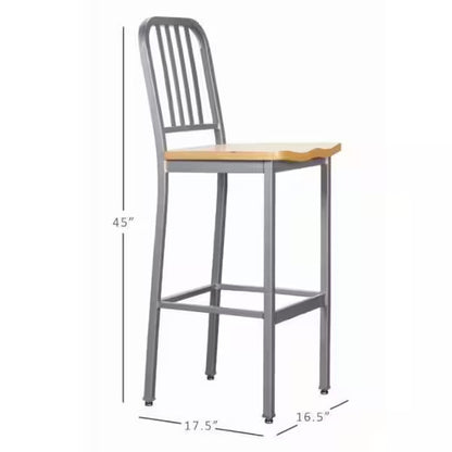 Washington 30 In. Silver Slat Back Metal Bar Stool with Wood Seat Set of 2
