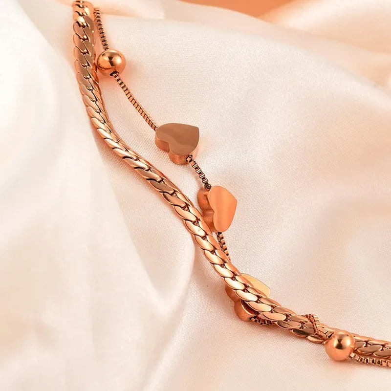 Women's Chain Bracelets 18K Gold Plated Stainless Steel Classic Heart Double Layer Tennis Bracelet Adjustable Bangle for Women
