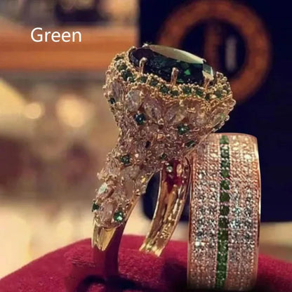 2pcs/Set Luxury Exquisite Rings Fashion Jewelry Women's Gold Plated Ring Green Cubic Zirconia Ring Set Wedding Bridal Engagement Ring Set Anniversary Party Christmas Gift Ring Set Jewelry Size US 5-11