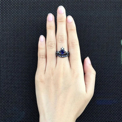 2PCS Fashion Blue Sapphire Couple Rings Diamond Rings Heart Shape Blue Sapphire Engagement Wedding Rings Set