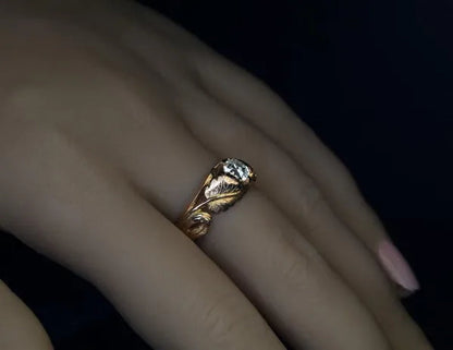 Vintage Maple Leaves Ring Women's Fashion Natural Gemstone White Sapphire Gold Leaf Ring Anniversary Gift Engagement Wedding Band Rings Jewelry Size 5-10