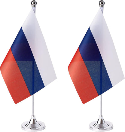 2 Pack Russia Flag Russians Table Flag Small Mini Russians Desk Flags with Stand Base,International Festival Events Celebration Decorate,Home Office Decorations