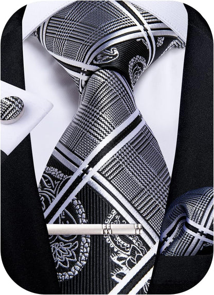 Plaid Ties for Men Silk Checkered Necktie and Pocket Square Cufflinks Tie Clip Set with Gift Box for Wedding Business
