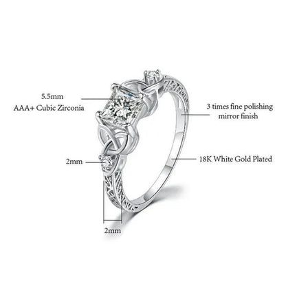 Classic and Fashionable Silver-Plated Celtic Knot Princess Geometric Cubic Diamond Ring Bridal Engagement Wedding Ring Size 5-11