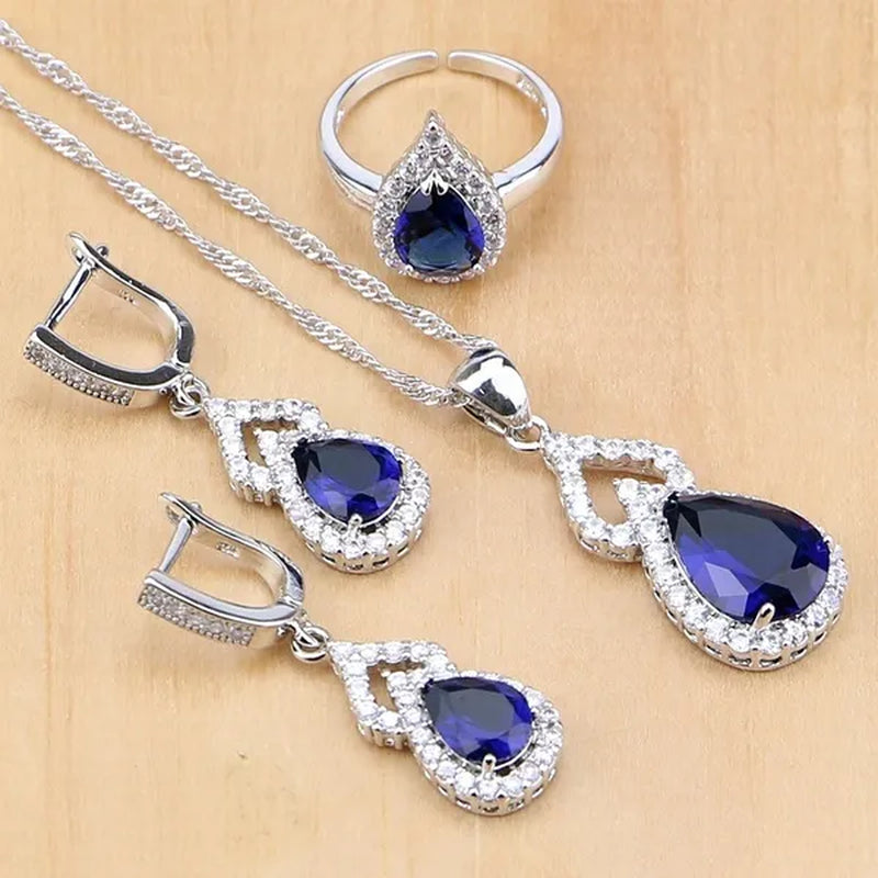 925 Silver Jewelry Sets Blue Sapphire White Topaz Open Rings Earrings Pendant Necklace Bracelet For Bridal  Women