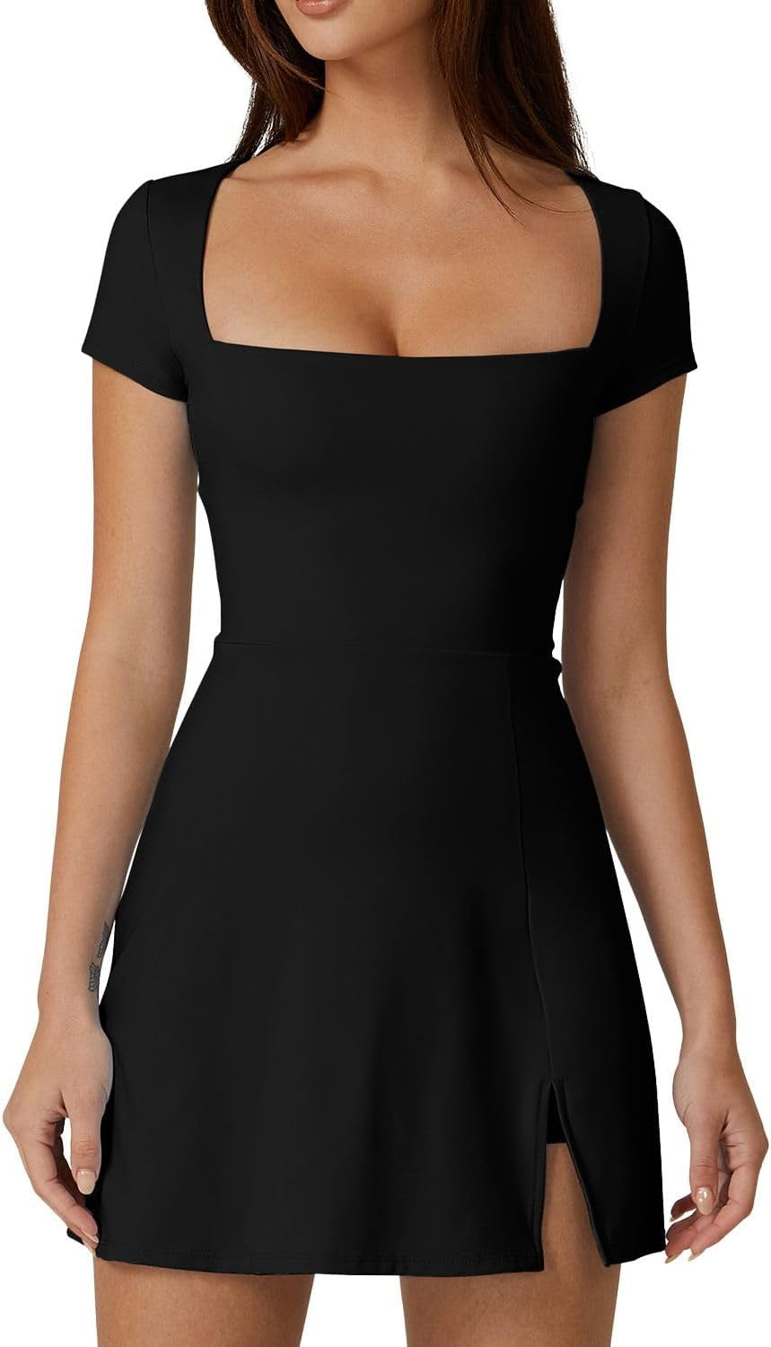 Womens Square Neck Tennis Dress Short Sleeve Built in Shorts Golf Athletic Dress with Pockets