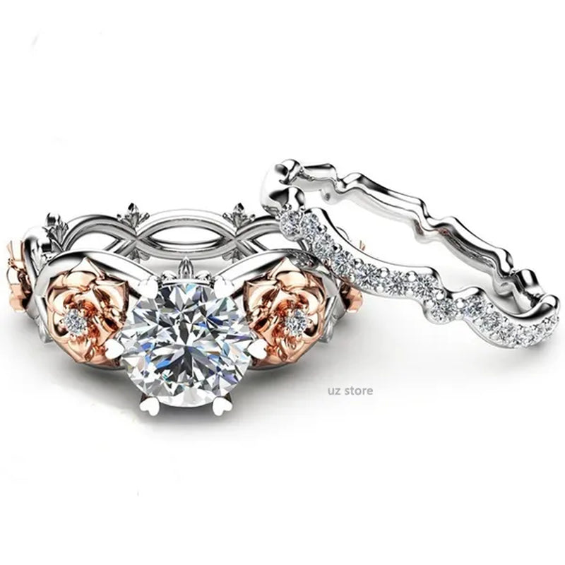 New Women Fashion Two Tone Silver & Rose Gold Filed White Sapphire Wedding Engagement Floral Ring Set