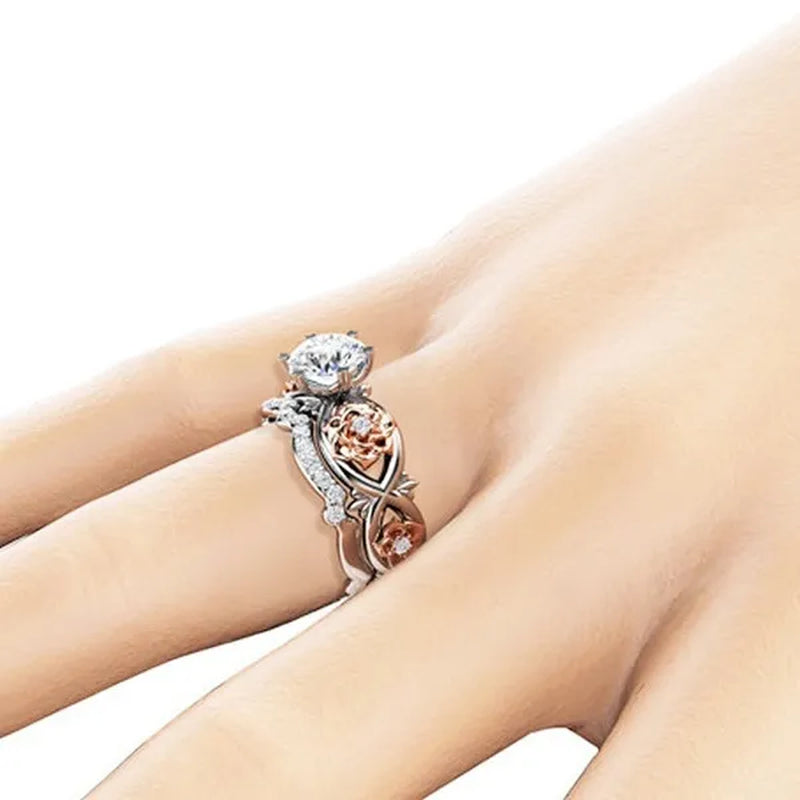 New Women Fashion Two Tone Silver & Rose Gold Filed White Sapphire Wedding Engagement Floral Ring Set