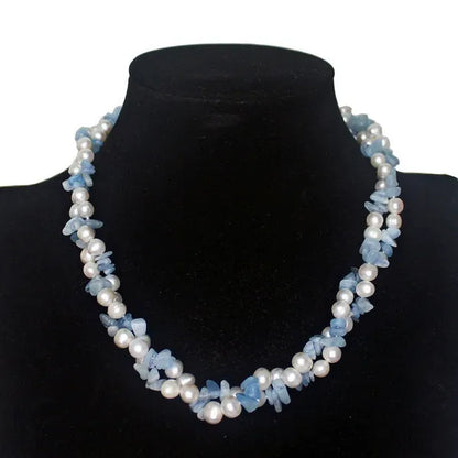 Handmade beautiful 2strands blue green stone peridot 7-8mm white freshwater cultured pearl necklace long 43-45cm