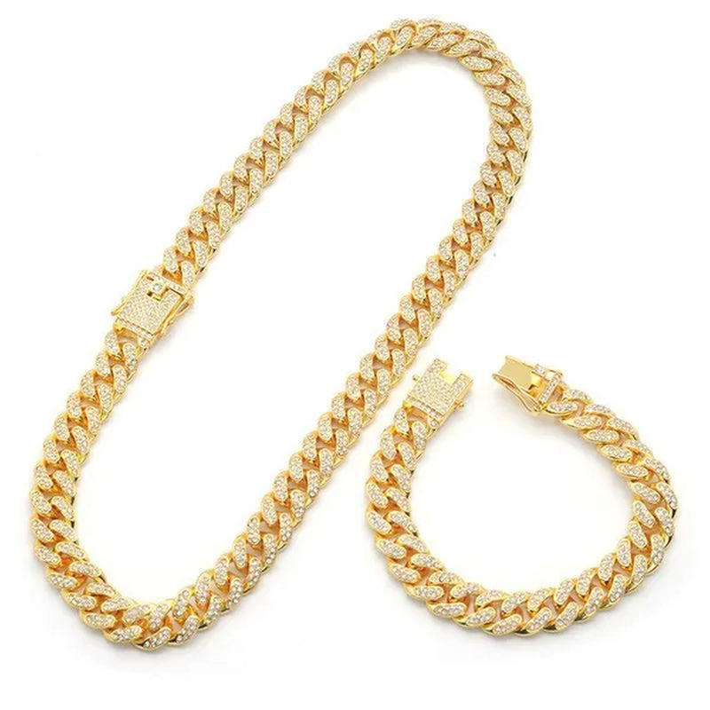 Fashion Gold / Silver Plated Solid Stainless Steel Iced Out Diamond Bracelet Thick Miami Cuban Link Chain Necklace Hip Hop Jewelry