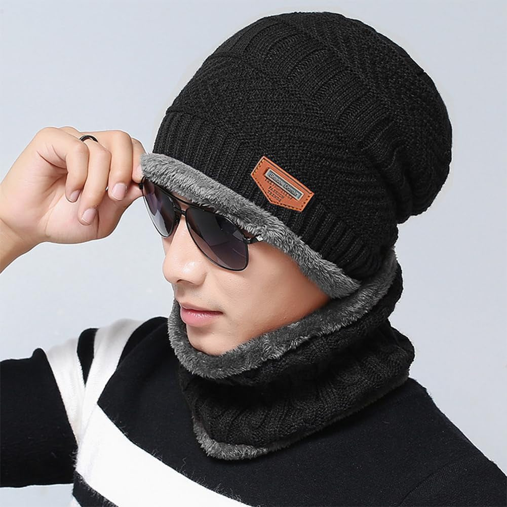 Warm Winter Beanie Hat & Scarf Set Stylish Knit Skull Cap for Men Women