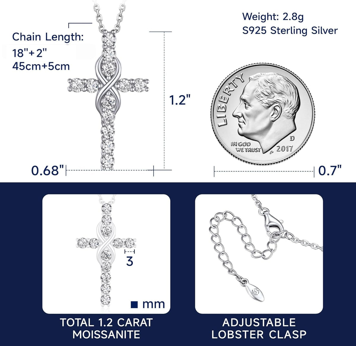 Cross Necklace, Christian Gifts for Her, Moissanite Cross Pendant for Men, 925 Sterling Silver Crucifix Pendant, Religious Gifts for Women and Men