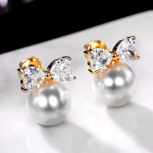 New Fashion 925 Sterling Silver Diamond Women's Bow Pearl Charming Stud Earrings