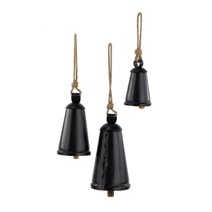 Black Metal Tibetan Inspired Narrow Cone Decorative Cow Bell with Jute Hanging Rope (3- Pack)