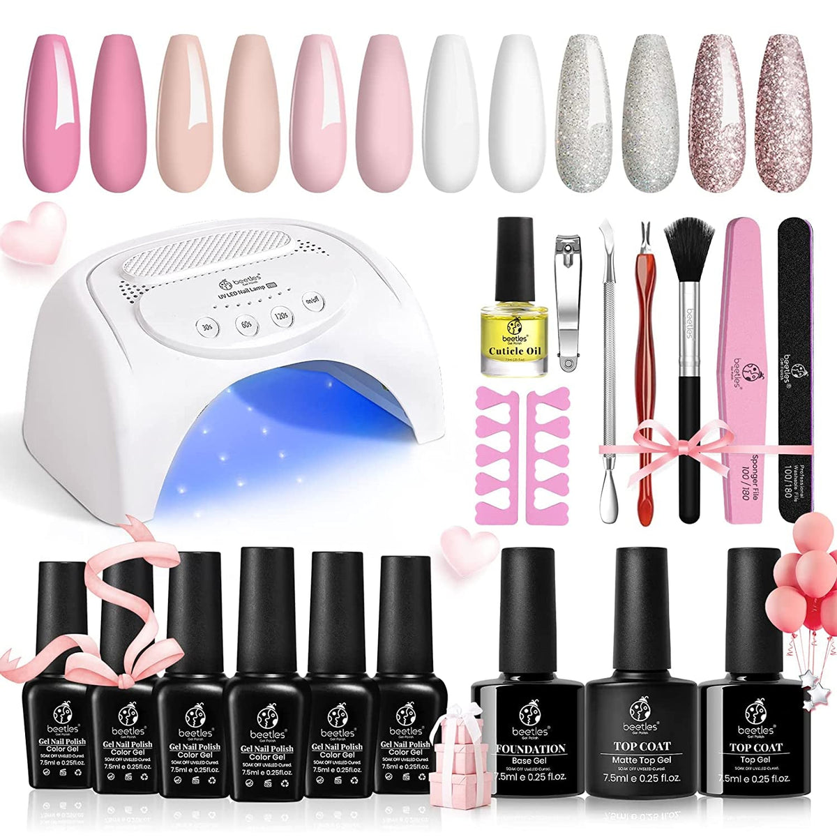 Beetles Gel Nail Polish Kit with 48W light 18 Pcs Gel Starter Kit,6 colors Nude Pink French White Glitter Gel Polish Soak Off Base Top Coat Gel Art Manicure Kit